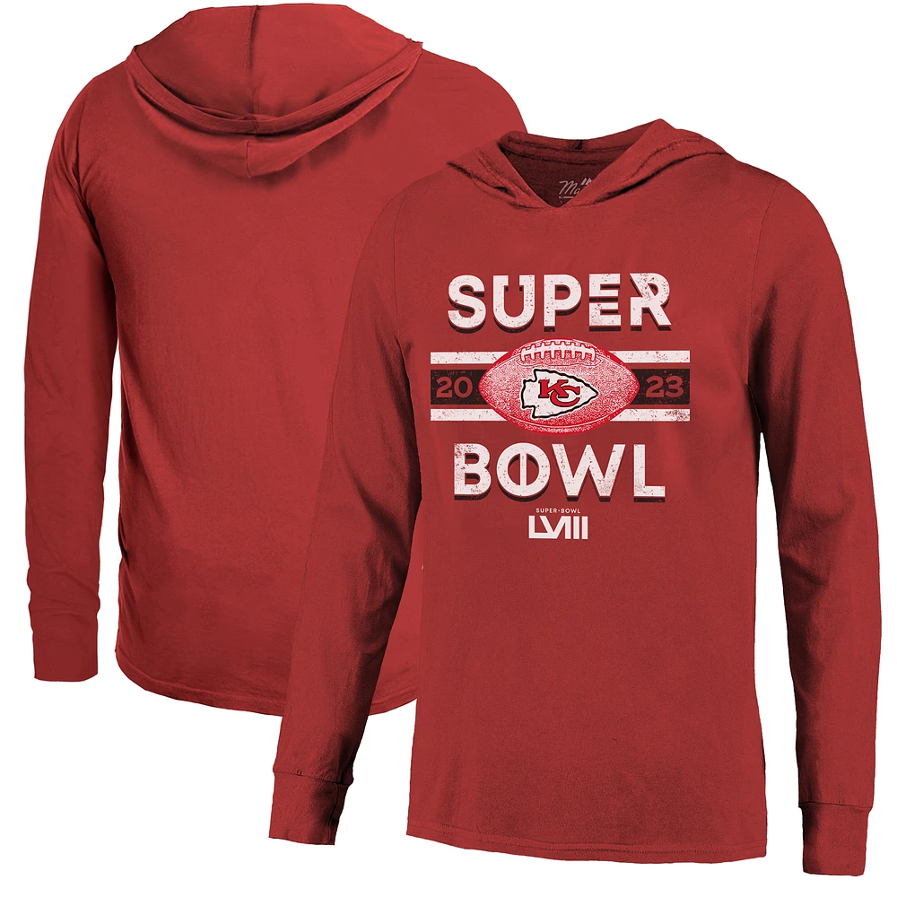 Men's Majestic Threads  Red Kansas City Chiefs Super Bowl LVIII Tri-Blend Soft Hand Long Sleeve Hoodie T-Shirt