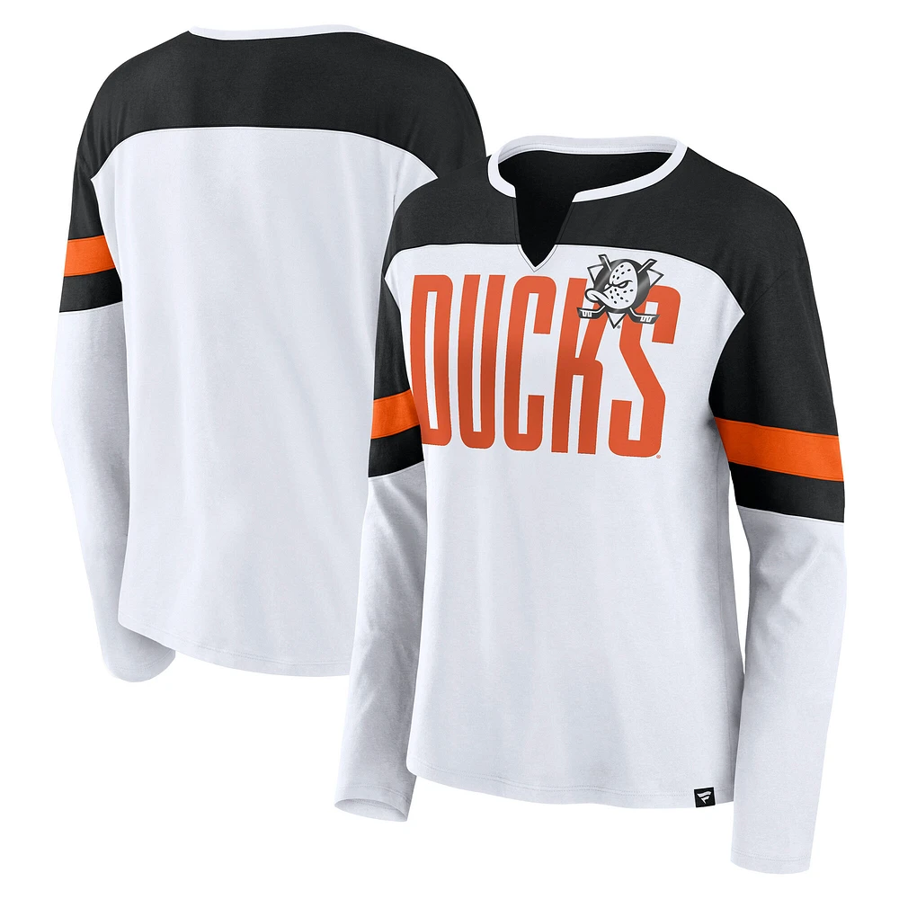 Women's Fanatics White/Black Anaheim Ducks Frozen Long Sleeve Notch Neck T-Shirt