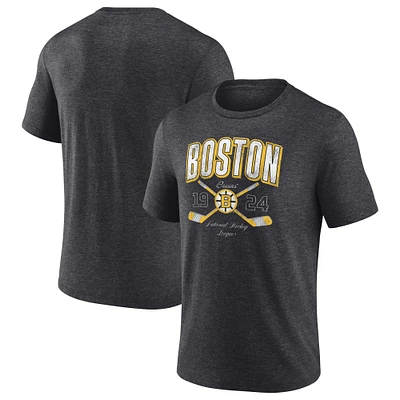 Men's Fanatics Heather Charcoal Boston Bruins Vintage Cross Sticks Distressed Tri-Blend T-Shirt