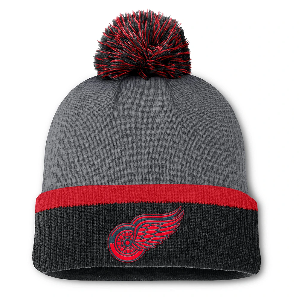 Women's Fanatics  Charcoal Detroit Red Wings Cuffed Knit Hat with Pom