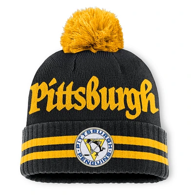 Men's Fanatics  Black Pittsburgh Penguins Heritage Blind Side Cuffed Knit Hat with Pom