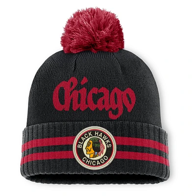 Men's Fanatics  Black Chicago Blackhawks Heritage Blind Side Cuffed Knit Hat with Pom