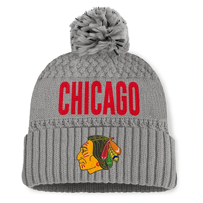 Women's Fanatics  Gray Chicago Blackhawks Heritage Tilly Cuffed Knit Hat with Pom