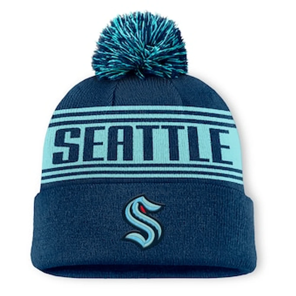 Men's Fanatics  Navy Seattle Kraken Fundamental Cuffed Knit Hat with Pom