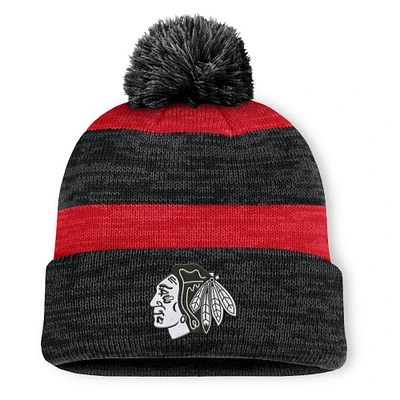 Men's Fanatics Black Chicago Blackhawks Fundamental Red Line Cuffed Knit Hat with Pom