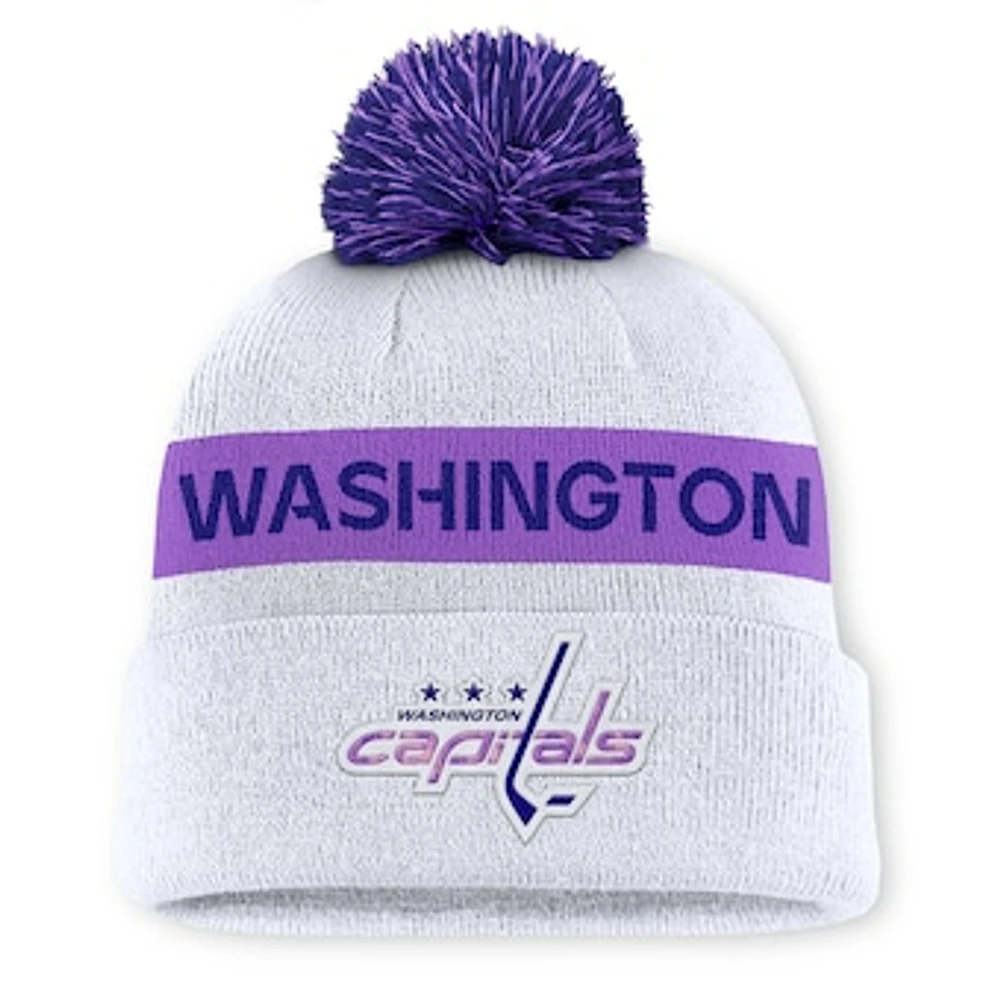 Men's Fanatics White Washington Capitals Hockey Fights Cancer Authentic Pro Cuffed Knit Hat with Pom