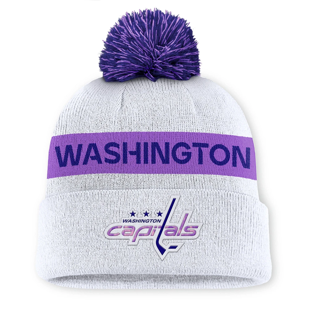 Men's Fanatics White Washington Capitals Hockey Fights Cancer Authentic Pro Cuffed Knit Hat with Pom