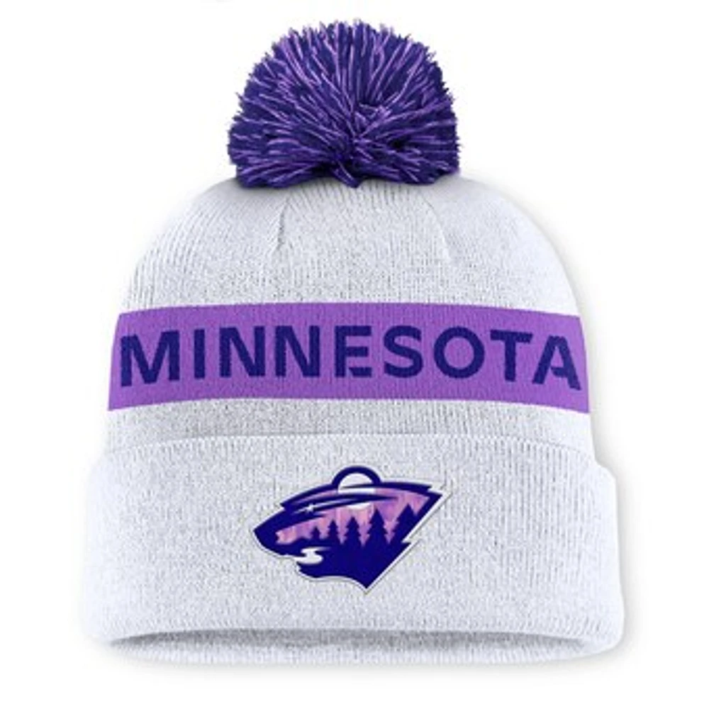 Men's Fanatics White Minnesota Wild Hockey Fights Cancer Cuffed Knit Hat with Pom