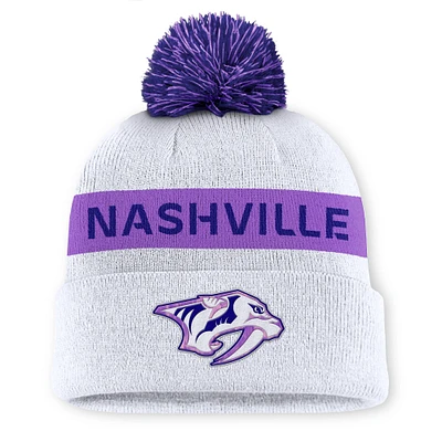 Men's Fanatics White Nashville Predators Hockey Fights Cancer Cuffed Knit Hat with Pom