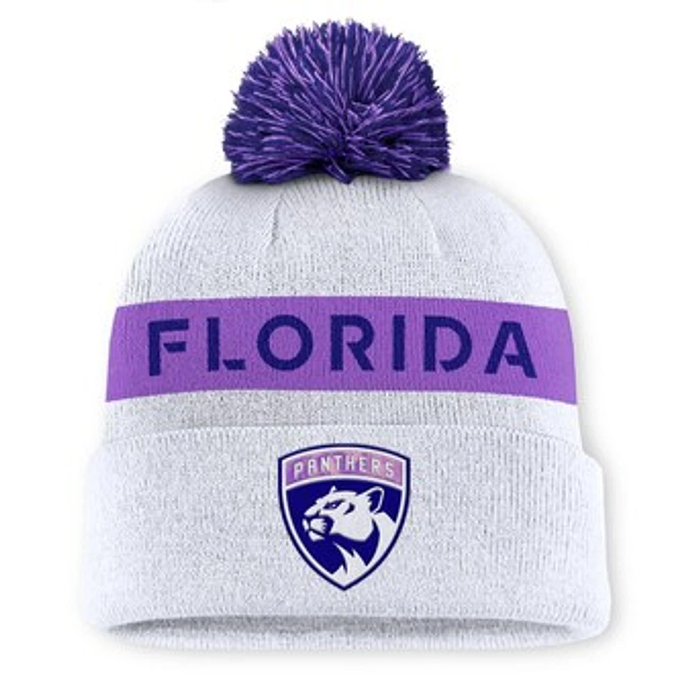 Men's Fanatics White Florida Panthers Hockey Fights Cancer Cuffed Knit Hat with Pom