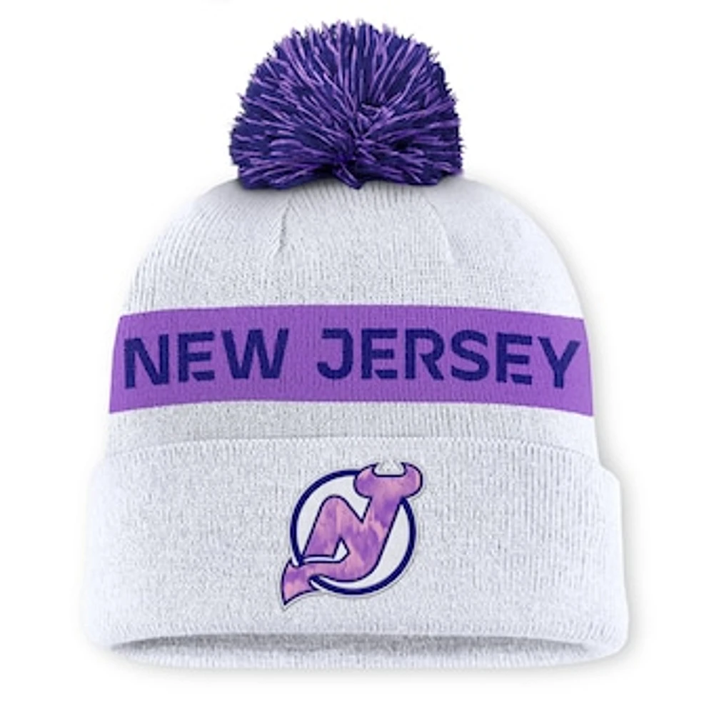 Men's Fanatics White New Jersey Devils Hockey Fights Cancer Authentic Pro Cuffed Knit Hat with Pom