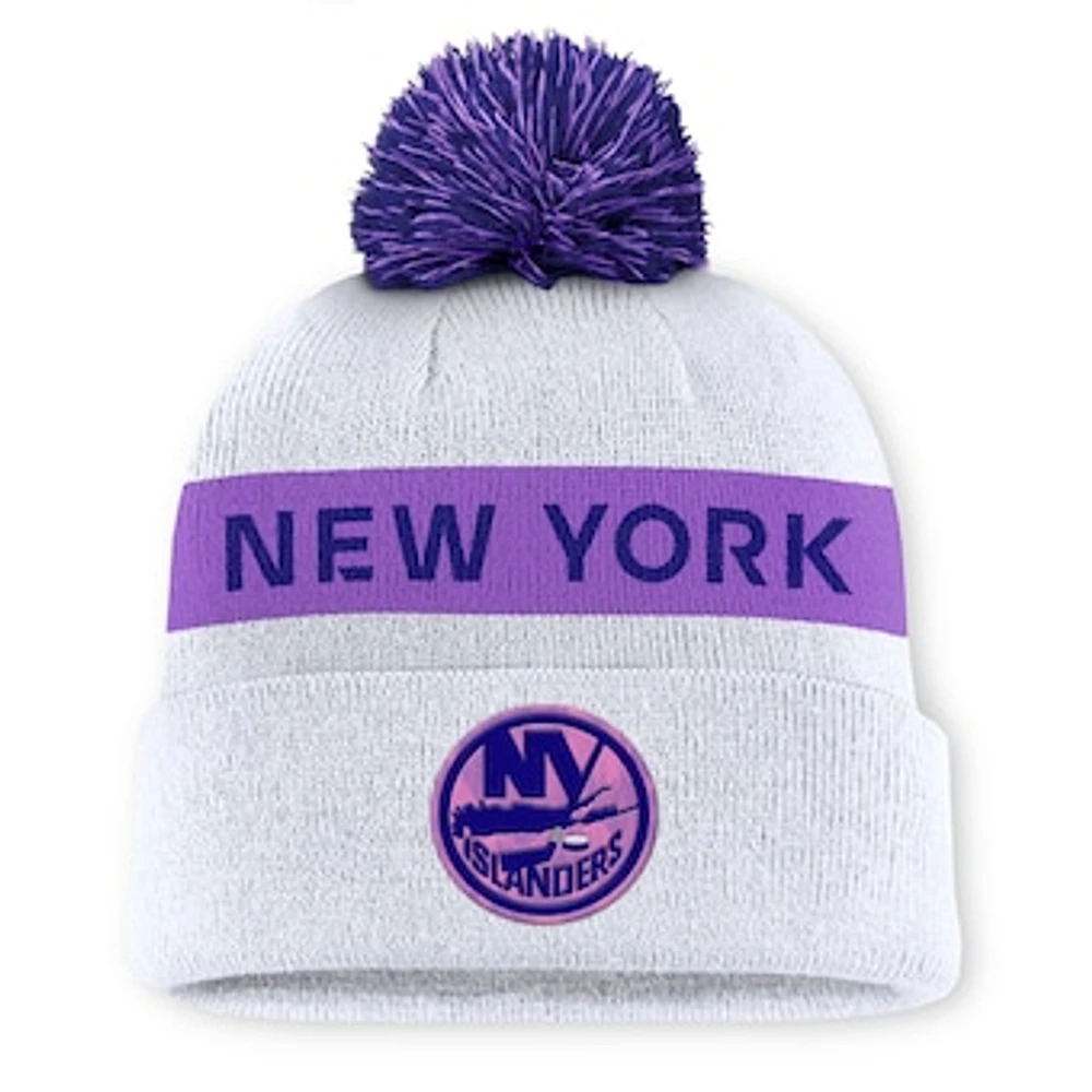 Men's Fanatics White New York Islanders Hockey Fights Cancer Authentic Pro Cuffed Knit Hat with Pom