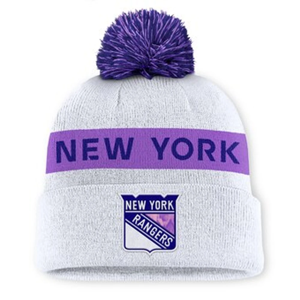 Men's Fanatics White New York Rangers Hockey Fights Cancer Cuffed Knit Hat with Pom