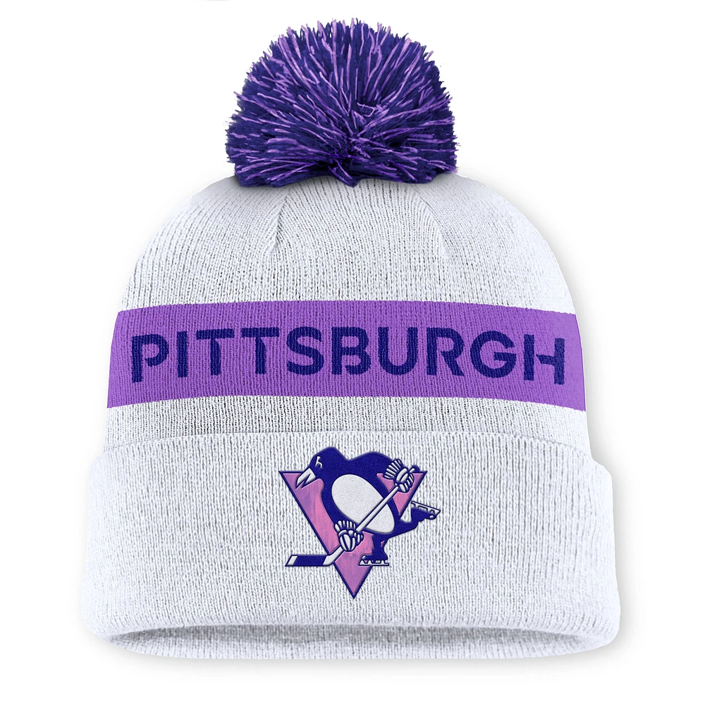 Men's Fanatics White Pittsburgh Penguins Hockey Fights Cancer Cuffed Knit Hat with Pom