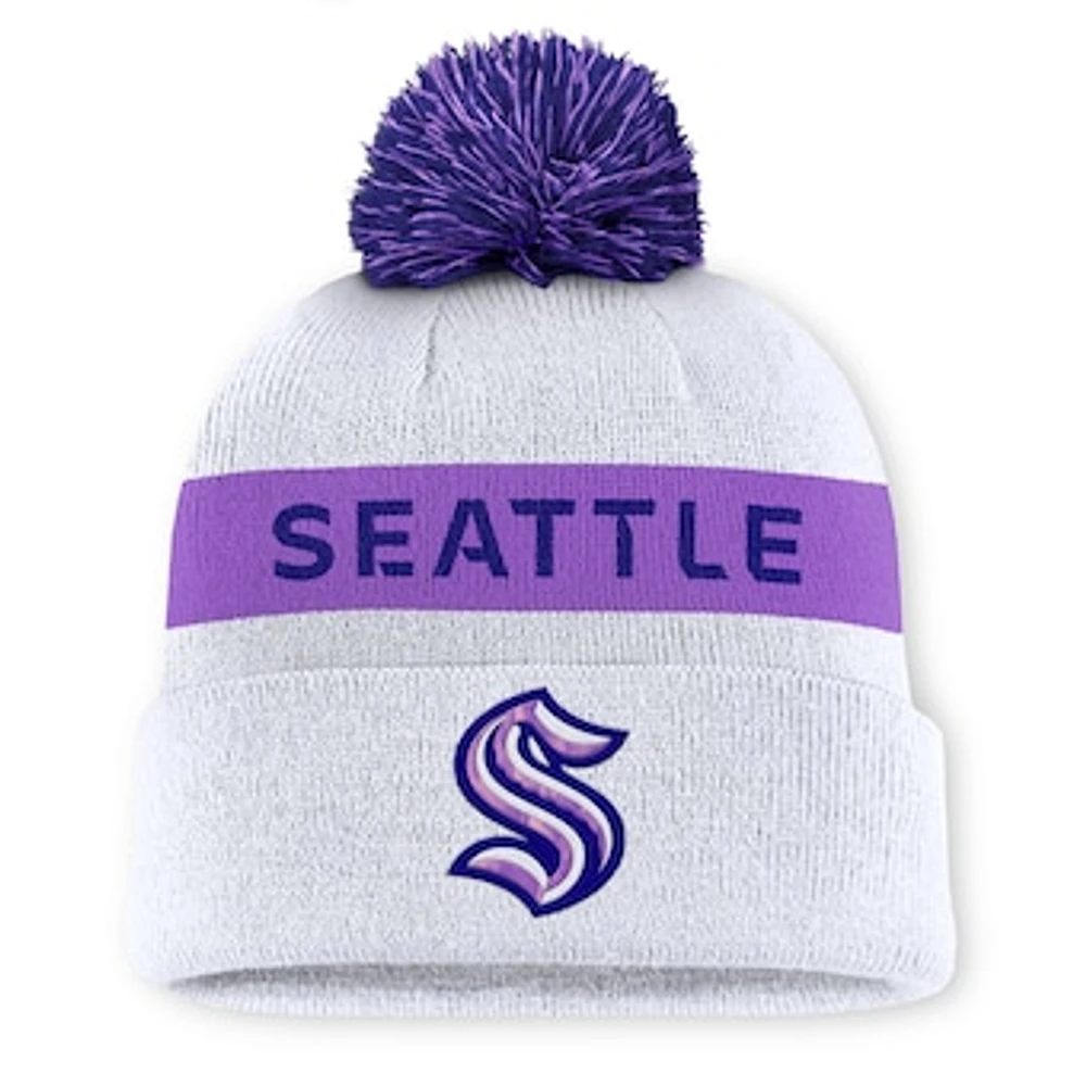 Men's Fanatics White Seattle Kraken Hockey Fights Cancer Authentic Pro Cuffed Knit Hat with Pom