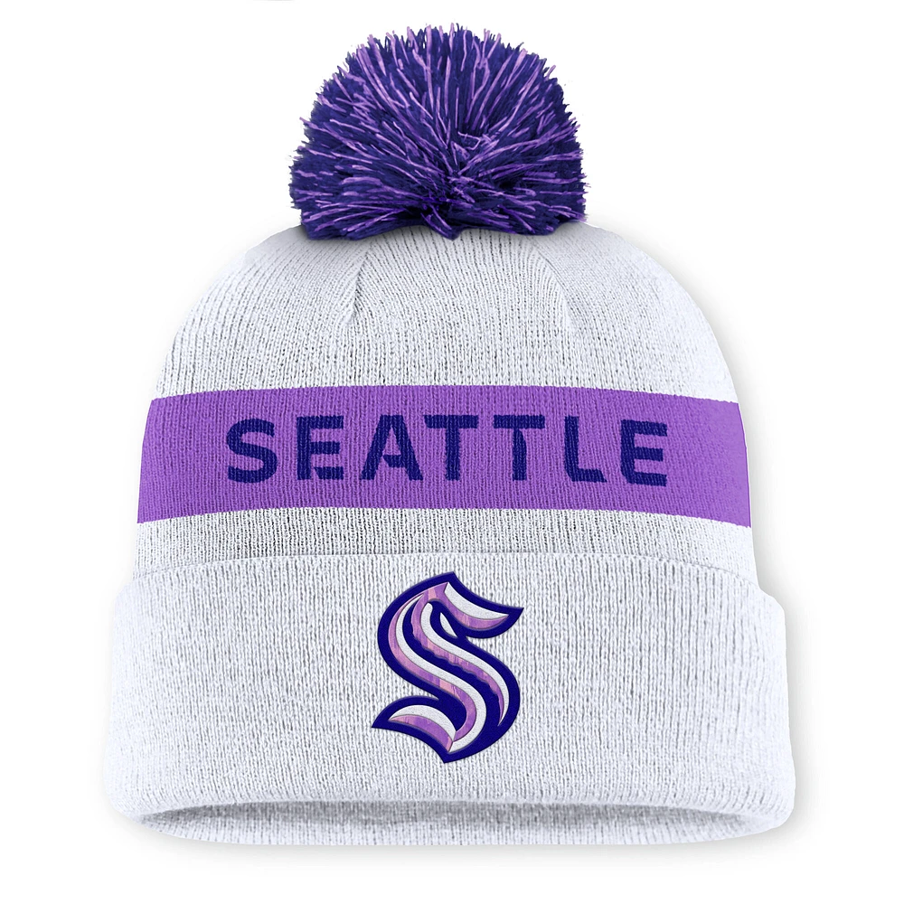 Men's Fanatics White Seattle Kraken Hockey Fights Cancer Authentic Pro Cuffed Knit Hat with Pom