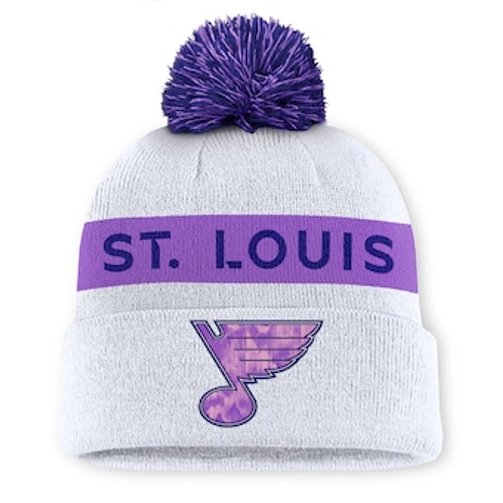 Men's Fanatics White St. Louis Blues Hockey Fights Cancer Authentic Pro Cuffed Knit Hat with Pom