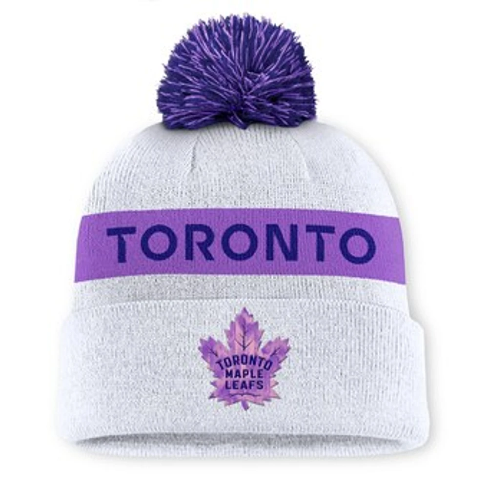 Men's Fanatics White Toronto Maple Leafs Hockey Fights Cancer Cuffed Knit Hat with Pom