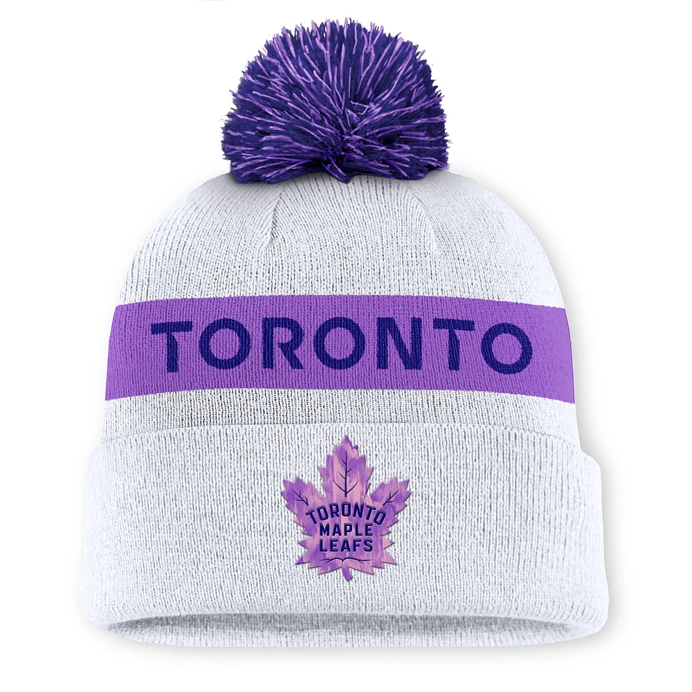 Men's Fanatics White Toronto Maple Leafs Hockey Fights Cancer Cuffed Knit Hat with Pom