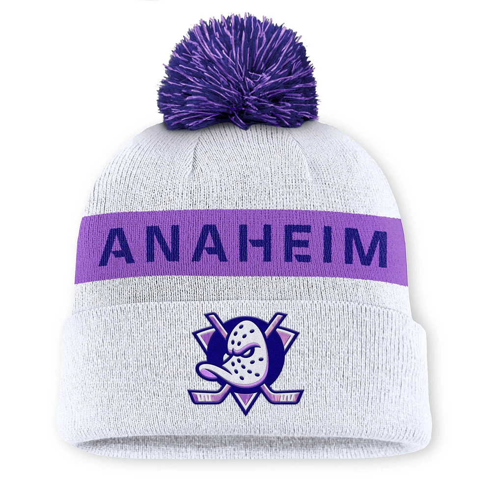 Men's Fanatics White Anaheim Ducks Hockey Fights Cancer Cuffed Knit Hat with Pom