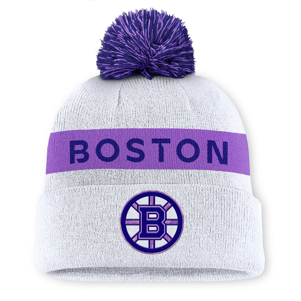 Men's Fanatics White Boston Bruins Hockey Fights Cancer Authentic Pro Cuffed Knit Hat with Pom