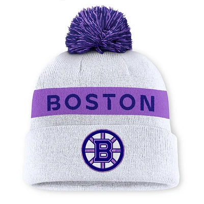 Men's Fanatics White Boston Bruins Hockey Fights Cancer Authentic Pro Cuffed Knit Hat with Pom