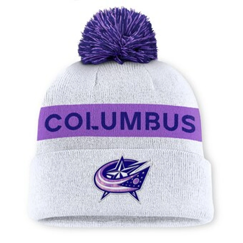 Men's Fanatics White Columbus Blue Jackets Hockey Fights Cancer Cuffed Knit Hat with Pom