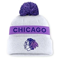 Men's Fanatics White Chicago Blackhawks Hockey Fights Cancer Cuffed Knit Hat with Pom