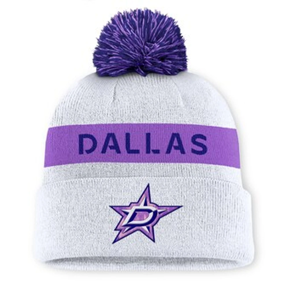 Men's Fanatics White Dallas Stars Hockey Fights Cancer Cuffed Knit Hat with Pom