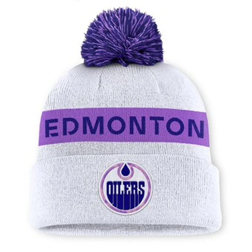 Men's Fanatics White Edmonton Oilers Hockey Fights Cancer Cuffed Knit Hat with Pom