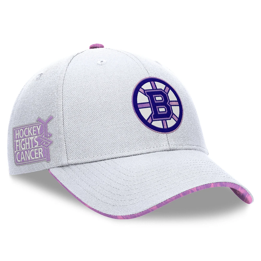 Men's Fanatics White Boston Bruins Hockey Fights Cancer Adjustable Hat