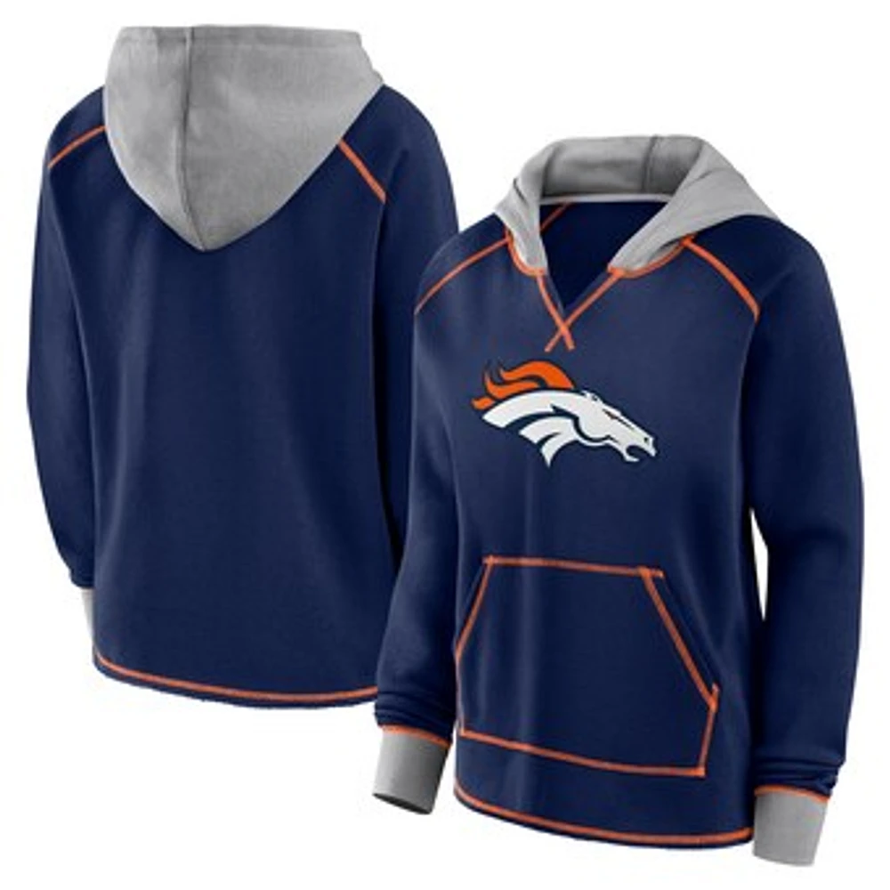 Women's Navy Denver Broncos Boom Fleece Pullover V-Neck Hoodie