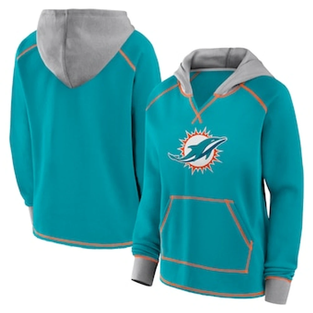 Women's Aqua Miami Dolphins Boom Fleece Pullover V-Neck Hoodie