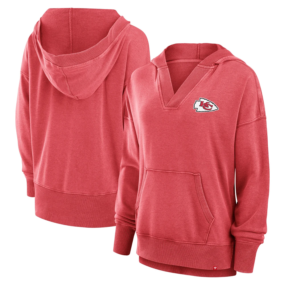 Women's Fanatics  Heather Red Kansas City Chiefs Initiative Snow Wash French Terry V-Neck Pullover Hoodie