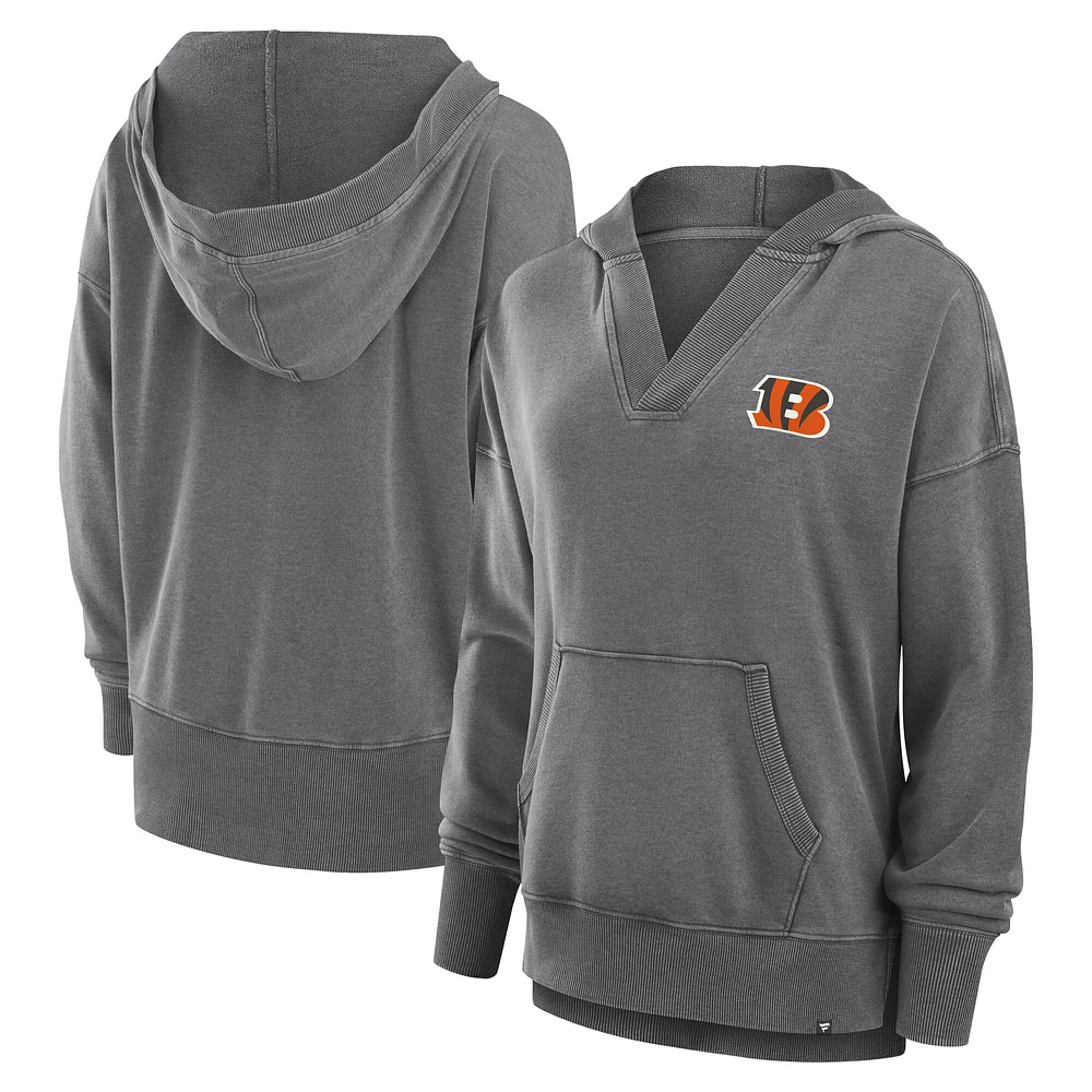 Women's Fanatics  Heather Charcoal Cincinnati Bengals Initiative Snow Wash French Terry V-Neck Pullover Hoodie