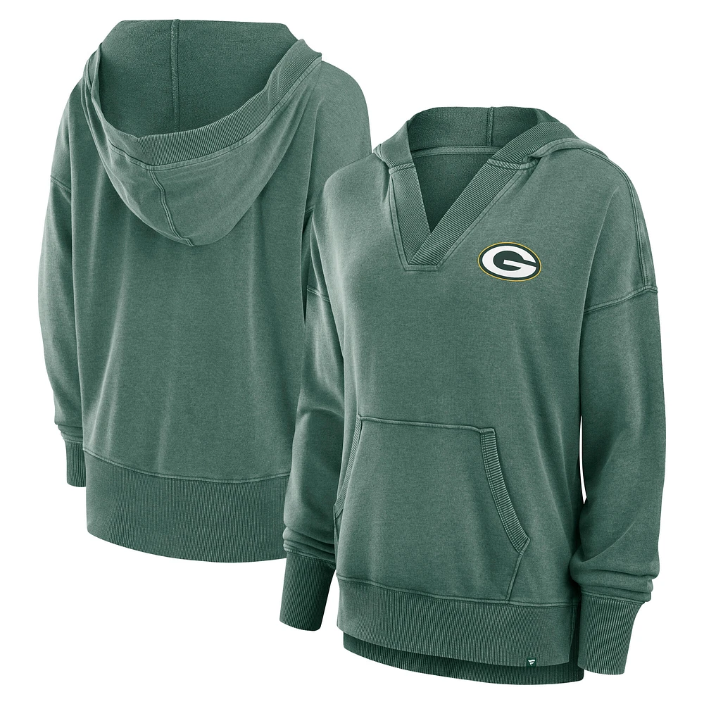 Women's Fanatics  Heather Green Bay Packers Initiative Snow Wash French Terry V-Neck Pullover Hoodie