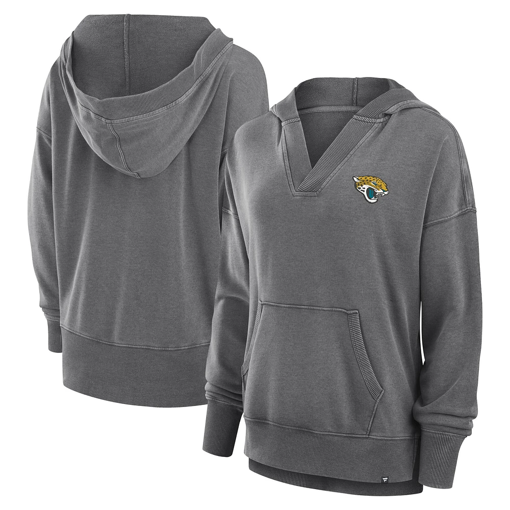 Women's Fanatics  Heather Charcoal Jacksonville Jaguars Initiative Snow Wash French Terry V-Neck Pullover Hoodie