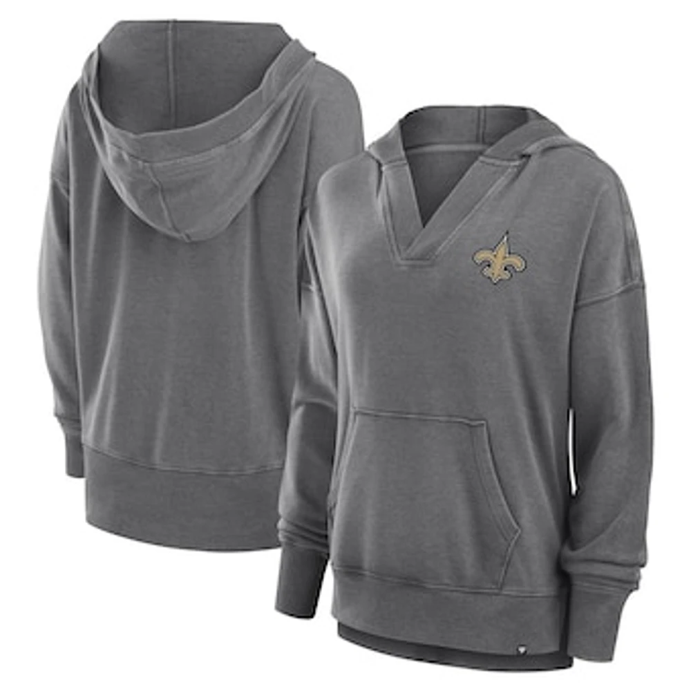 Women's Fanatics  Heather Charcoal New Orleans Saints Initiative Snow Wash French Terry V-Neck Pullover Hoodie