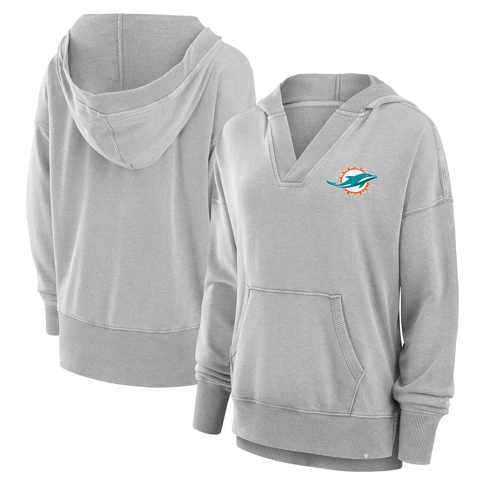 Women's Fanatics  Heather Gray Miami Dolphins Initiative Snow Wash French Terry V-Neck Pullover Hoodie