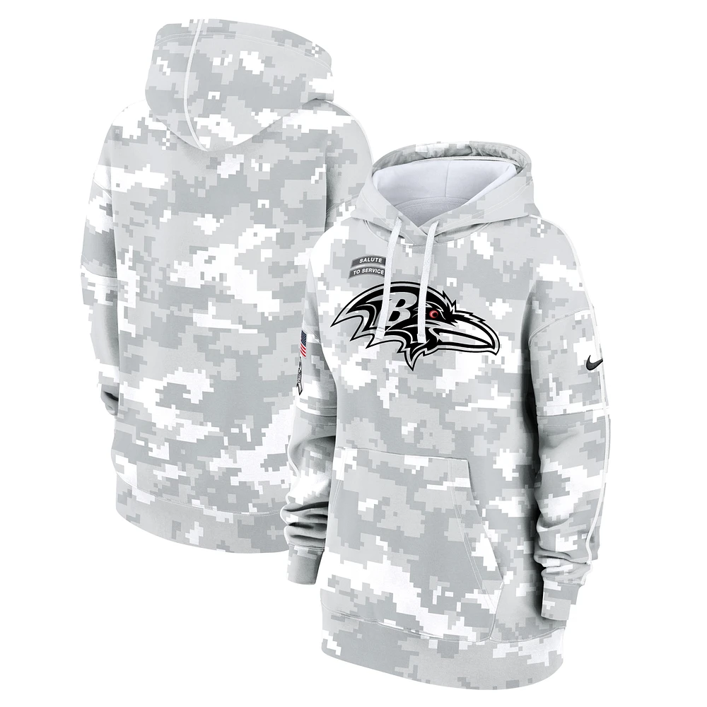 Women's Nike Arctic Camo Baltimore Ravens 2024 Salute To Service Club Fleece Oversized Pullover Hoodie