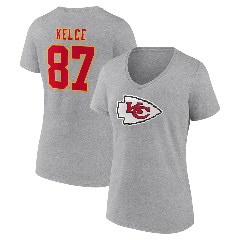Women's Travis Kelce Gray Kansas City Chiefs Icon Player Name & Number V-Neck T-Shirt
