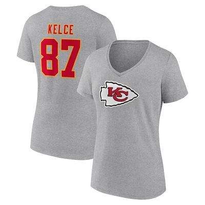 Women's Travis Kelce Gray Kansas City Chiefs Icon Player Name & Number V-Neck T-Shirt