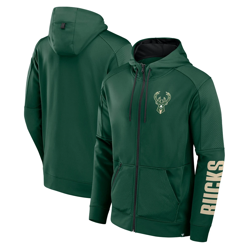 Men's Fanatics  Hunter Green Milwaukee Bucks Baller Defender Performance Full-Zip Hoodie