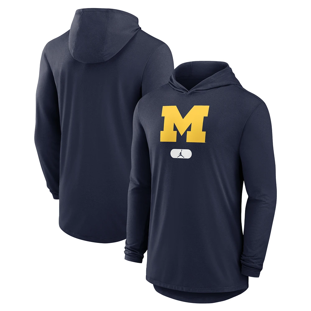 Men's Jordan Brand Navy Michigan Wolverines Lightweight Performance Long Sleeve Hoodie T-Shirt