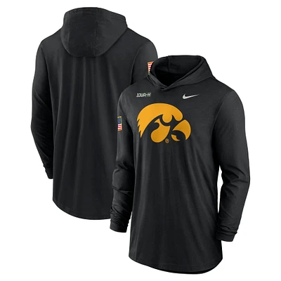 Men's Nike Black Iowa Hawkeyes 2024 Military Appreciation Performance Long Sleeve Hoodie T-Shirt