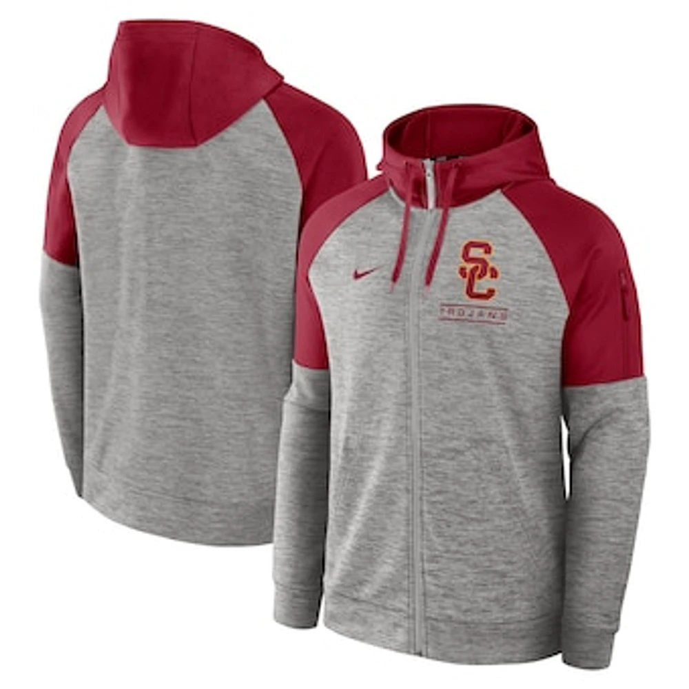 Men's Nike Heather Gray USC Trojans Fitness Raglan Performance Full-Zip Hoodie