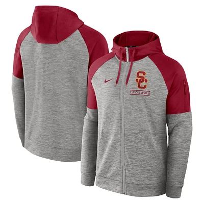 Men's Nike Heather Gray USC Trojans Fitness Raglan Performance Full-Zip Hoodie