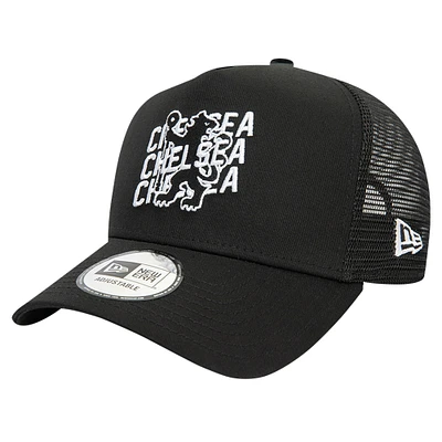 Men's New Era Black Chelsea Wordmark Overlay A-Frame Trucker 9FORTY Adjustable Hat