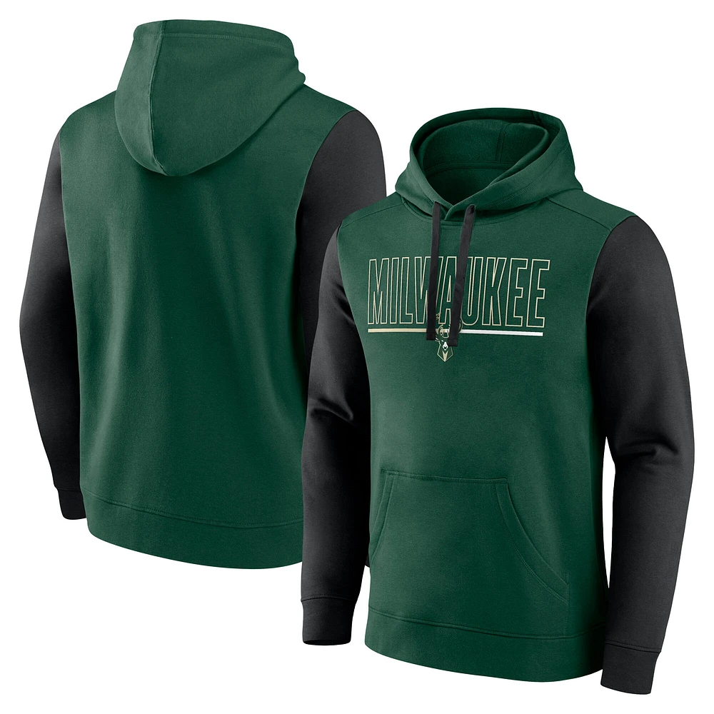 Men's Hunter Green Milwaukee Bucks Outline Colorblock Pullover Hoodie