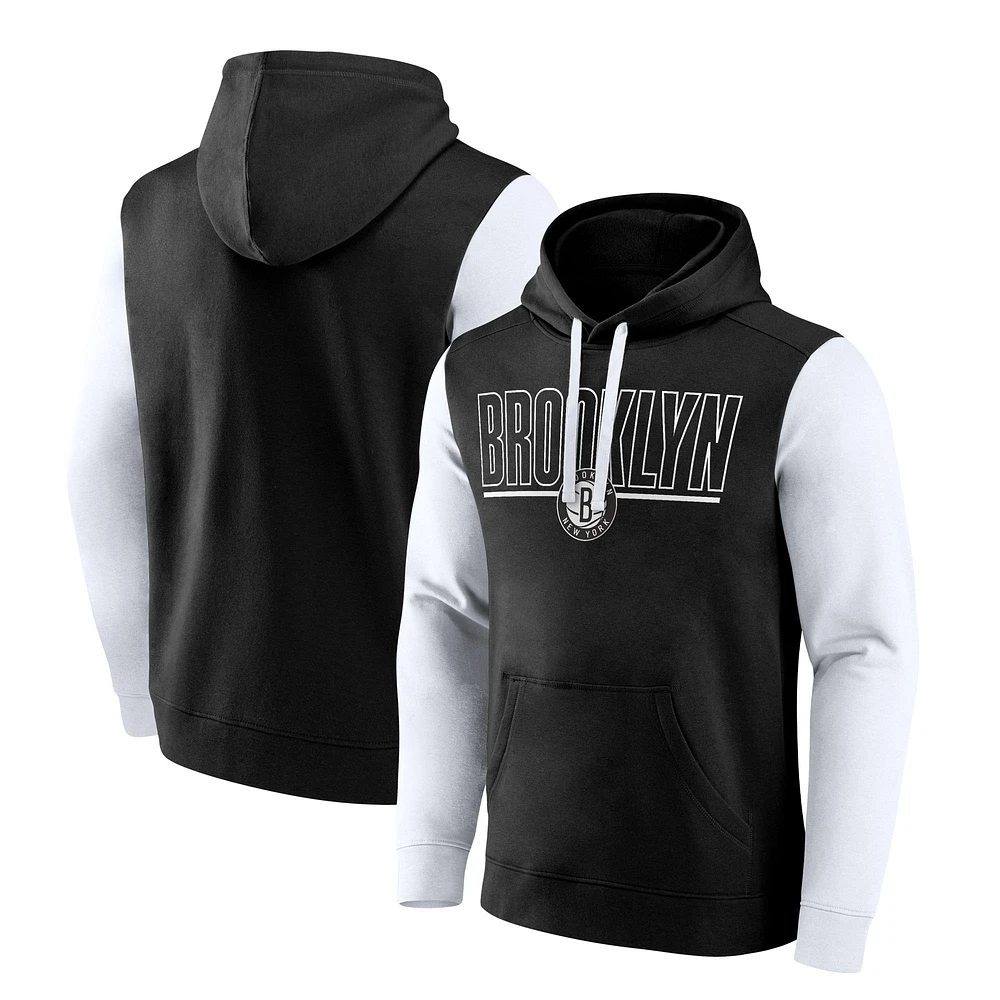Men's Black Brooklyn Nets Outline Colorblock Pullover Hoodie